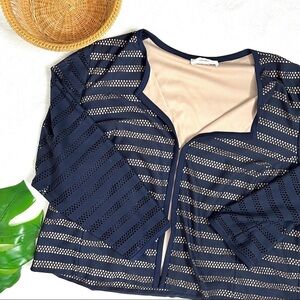 CJ Banks Open Front 3/4 Sleeve Navy and Beige Dressy Netted Cardigan Large